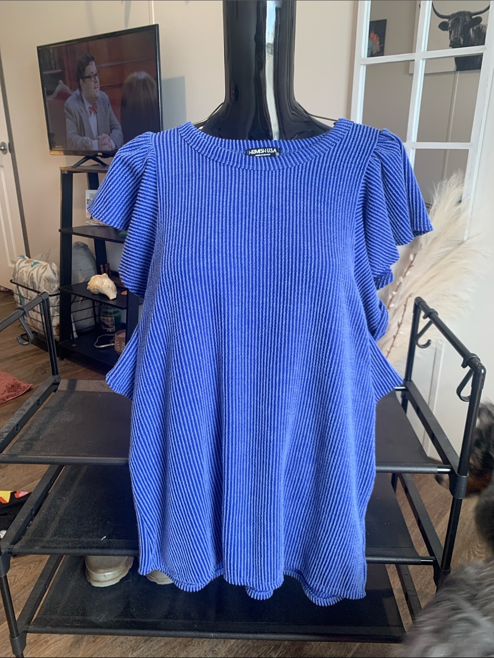 #59 HEIMISH USA Cobalt Blue Ribbed Flutter Sleeve Short-Sleeve Tee